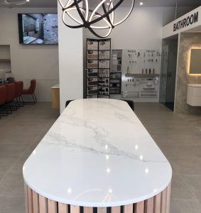 a white marble table in a store