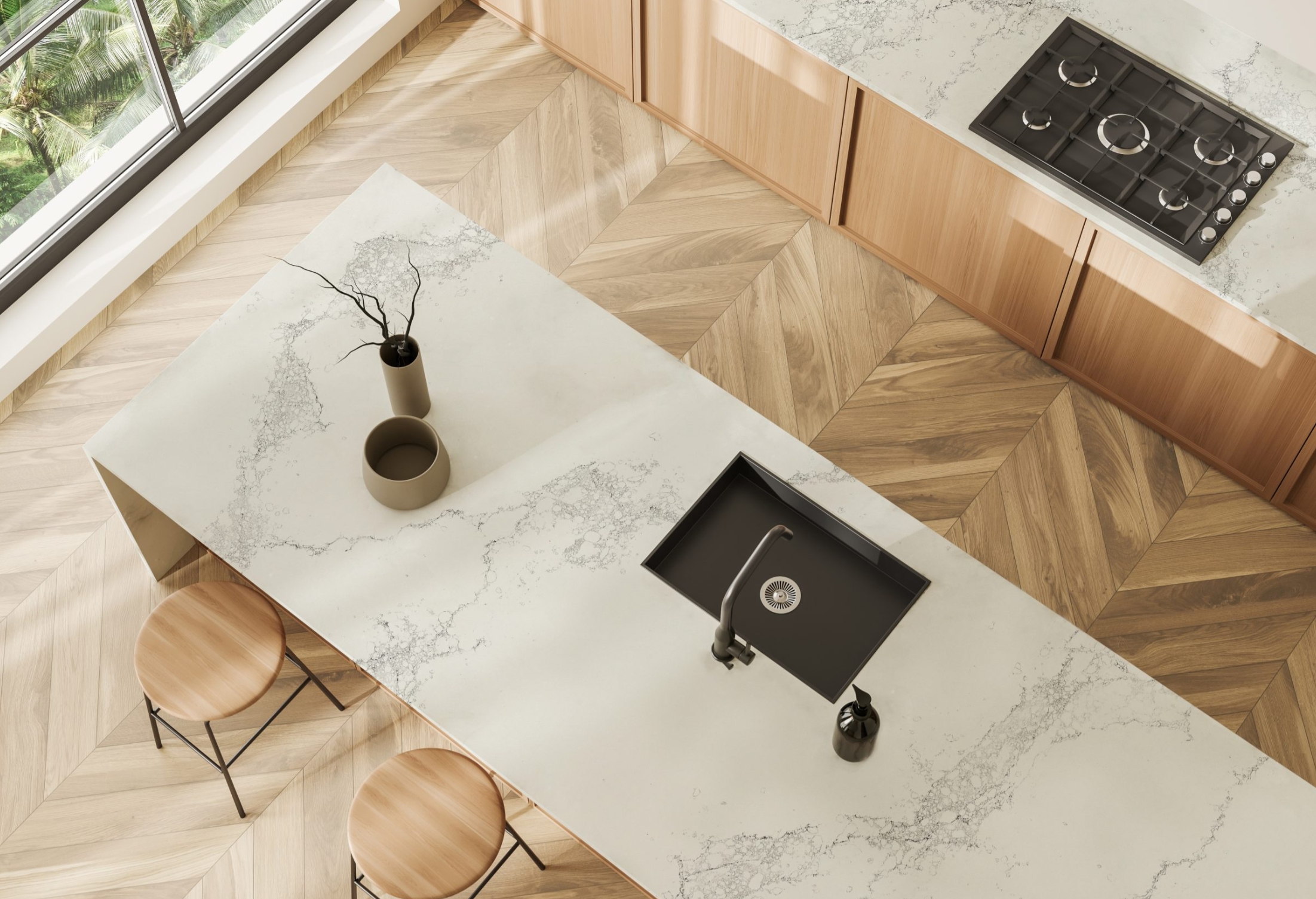 a kitchen with a marble counter top