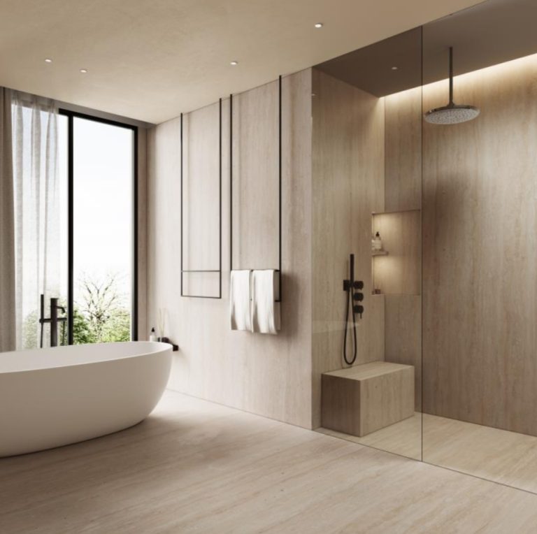 a bathroom with a tub and shower