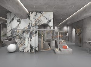 a room with a marble wall and a mirror
