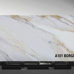 A101 Borghini Unistone white quartz slab with gold veining