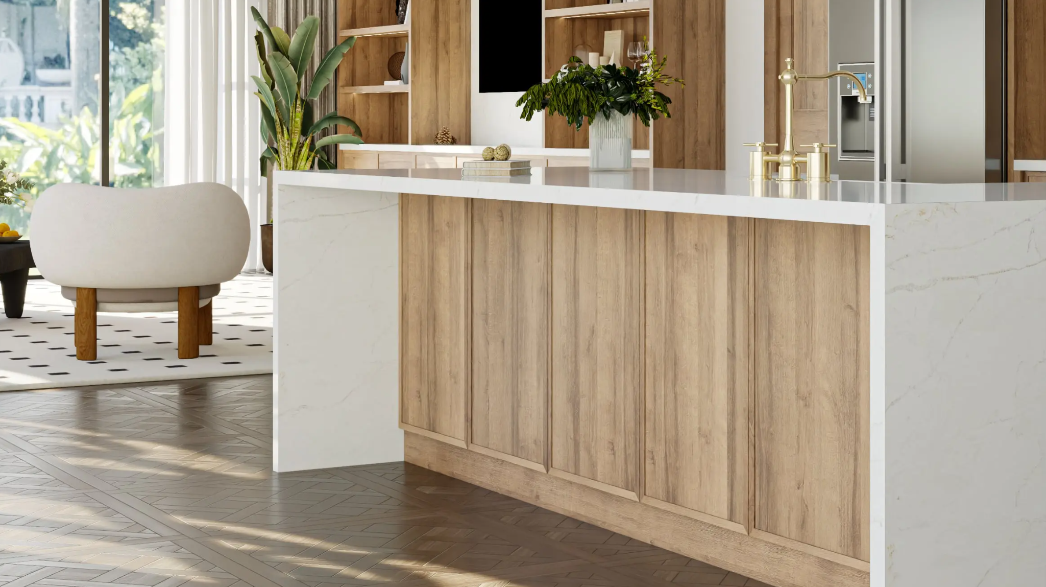 1601 Theia Perla3 Vicostone Theia Perla 1601 quartz kitchen benchtop warm white veined surface