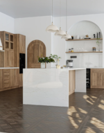White engineered stone benchtop Vicostone Theia Perla 1601 sunlight-inspired delicate veining