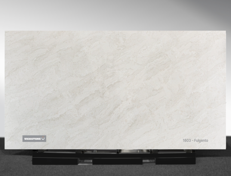 Vicostone Fulgento 1603 quartz slab warm beige surface with subtle diagonal striations close-up