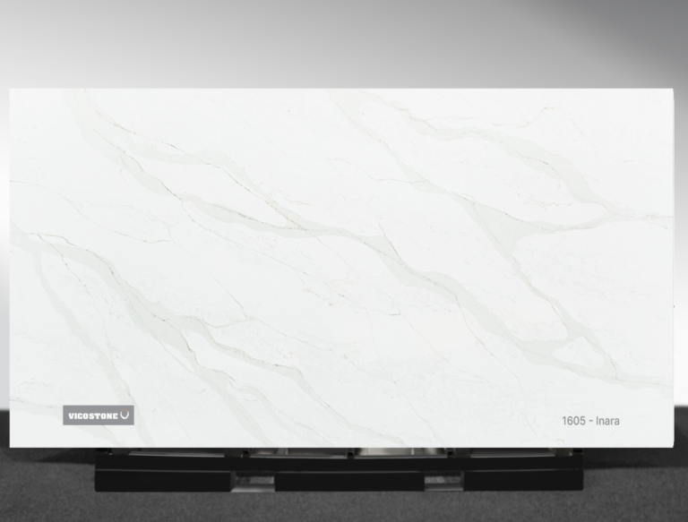 White engineered stone benchtop Vicostone Inara 1605 large and small vein pattern