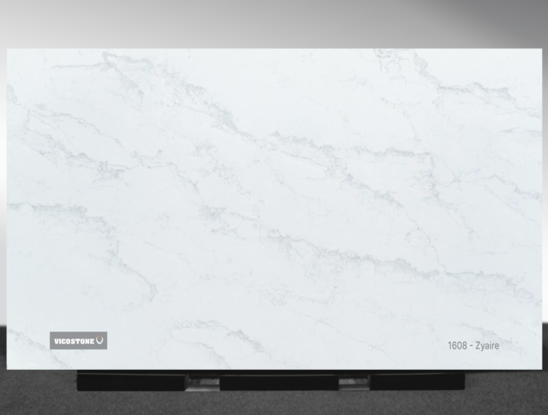 Vicostone Zyaire 1608 quartz slab white surface with delicate gray flowing veins