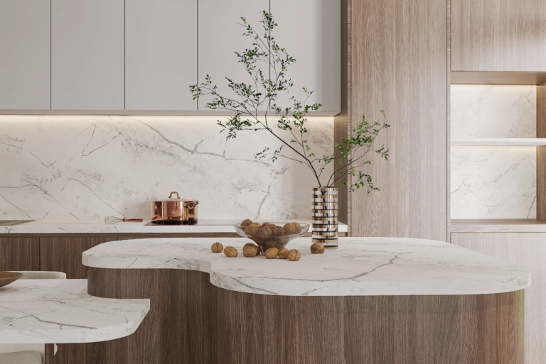 White and gray engineered stone benchtop Vicostone Silas 1610 storm-inspired pattern