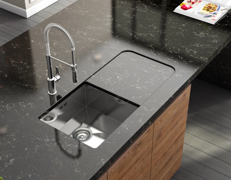 Deep black engineered stone benchtop Vicostone Emaya 1709 subtle raindrop pattern