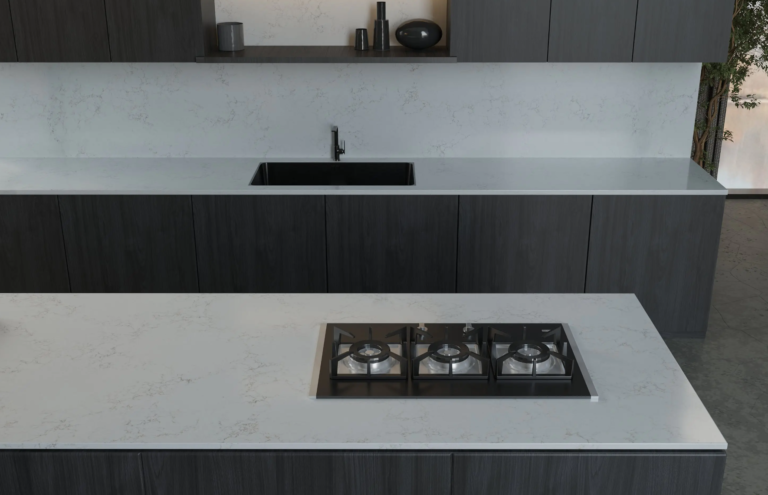 White engineered stone benchtop Vicostone Helia 1710 subtle gold and gray veining