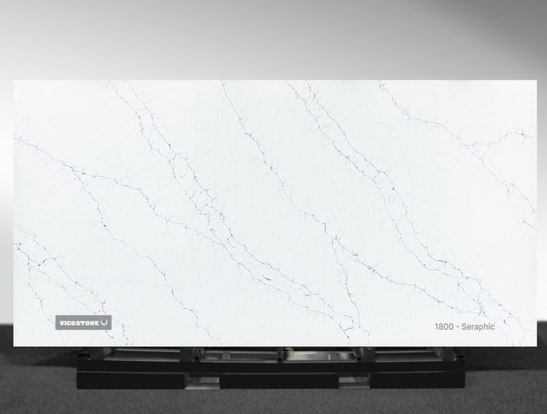 Vicostone Seraphic 1800 quartz slab cool white surface with fine interwoven veins close-up
