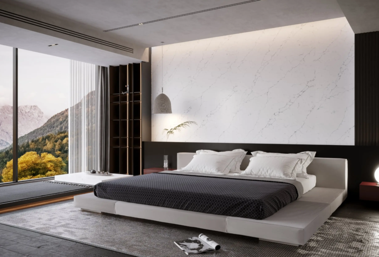 Cool white engineered stone benchtop Vicostone Seraphic 1800 delicate frost-inspired pattern