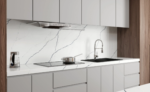 White engineered stone benchtop Vicostone Thorin 1803 dramatic lightning-inspired pattern