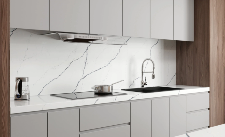 White engineered stone benchtop Vicostone Thorin 1803 dramatic lightning-inspired pattern