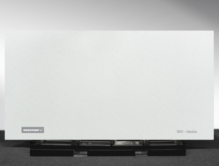 Vicostone Danica 1901 quartz slab white-gray surface with delicate white veins close-up