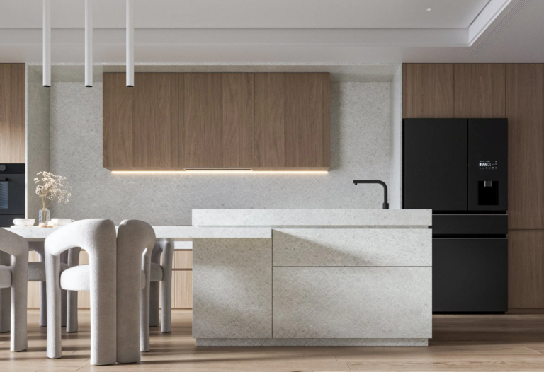 White-gray engineered stone benchtop Vicostone Danica 1901 icy inspired pattern