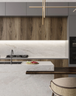 Earth-tone engineered stone benchtop Vicostone Anore 1904 natural river-inspired design