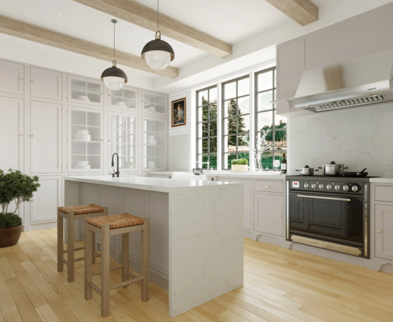 White engineered stone benchtop Vicostone Asteria Gold 1801 flowing moonlight-inspired veins