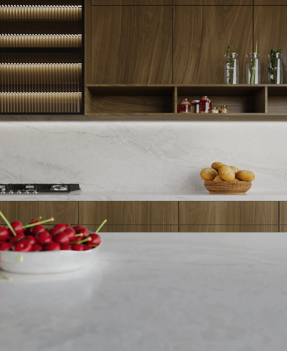 Avani3 Vicostone Avani 1905 quartz kitchen benchtop bold textured surface modern interior