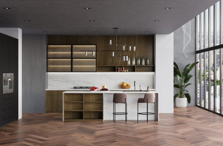 Dark earth-tone engineered stone benchtop Vicostone Avani 1905 river-inspired design