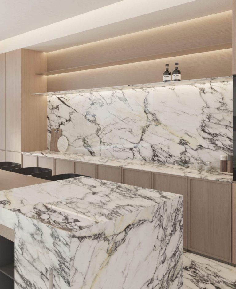 AC2089 Bescato Vagli AC Stone textured porcelain kitchen benchtop with bold marble-style veining