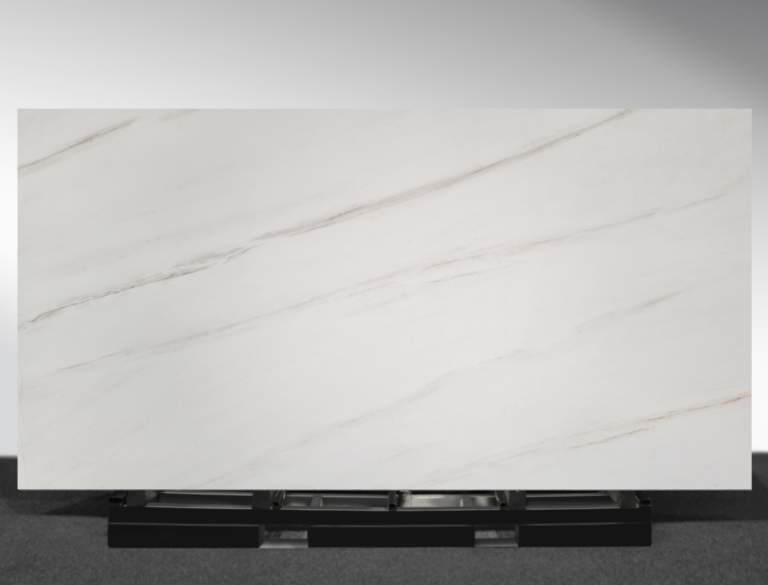 Bianco Lasa sintered stone slab with white marble look and soft grey and beige veining AUSKstone Australia