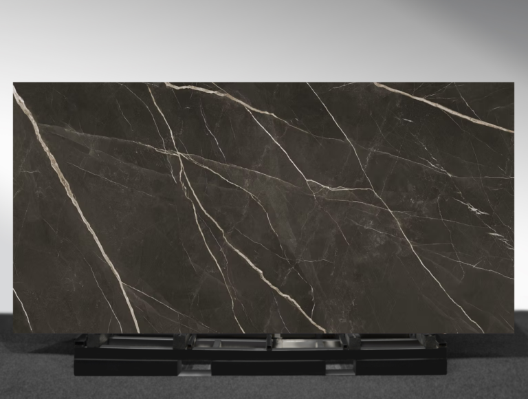 Calacatta Black marble look porcelain slab white base black veins