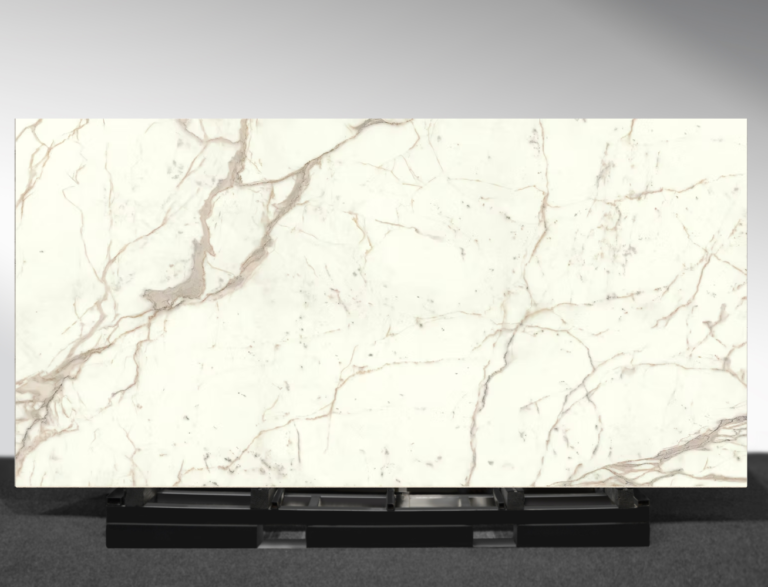 Calacatta Prestigio marble look porcelain slab white gold veining