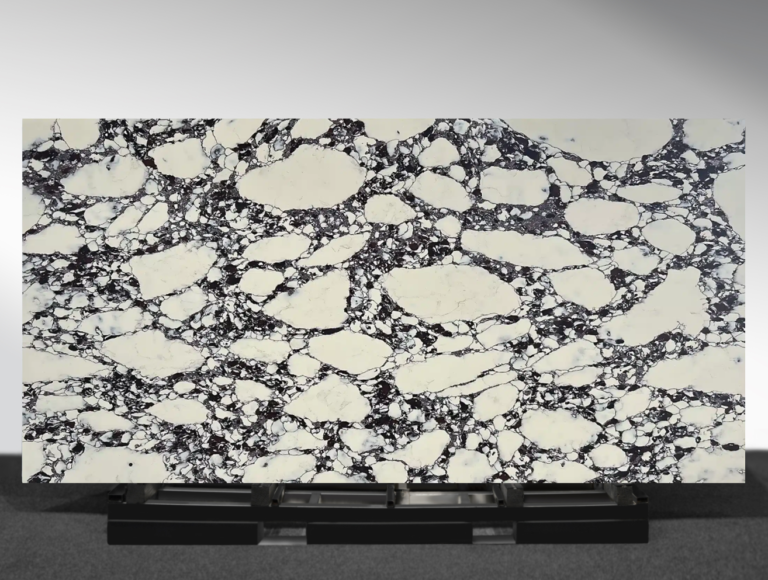 Calacatta Viola marble look slab with purple veining