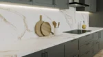 Bathroom vanity with Desert Blush engineered quartz showing warm rust veins on white