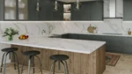 Close‑up detail of Desert Blush Vadara® Quartz highlighting dynamic rust veining patterns