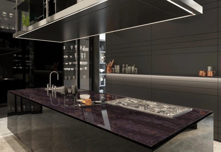 Dark engineered stone benchtop Vicostone Earthshine 1607 cosmic inspired design