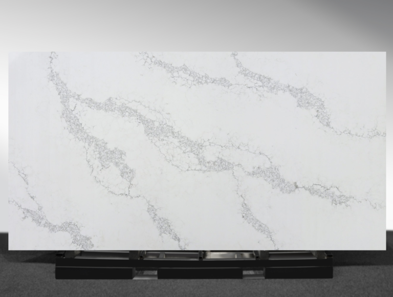 Earthy Gleam 6611 Unistone white quartz slab with grey veining