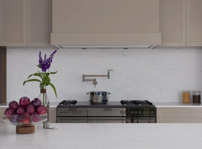 Warm gray engineered stone benchtop Vicostone Eirian 1609 natural stone-inspired pattern