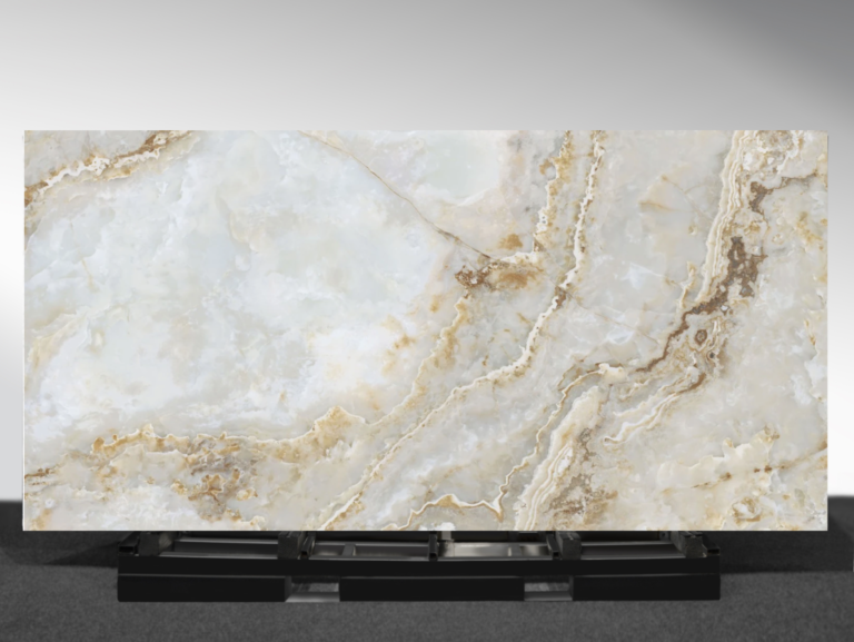 AC2053 Gloss Empira Onyx AC Stone slab with dramatic onyx-style veining and book match design | AUSKstone