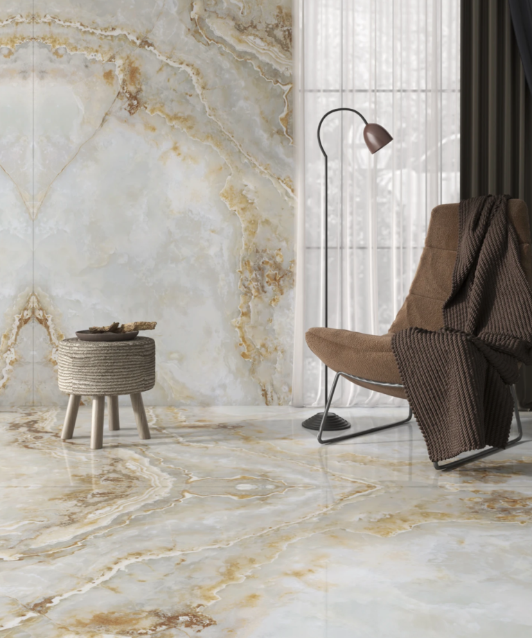 AC2053 Empira Onyx AC Stone glossy porcelain feature wall with book match pattern in luxury interior