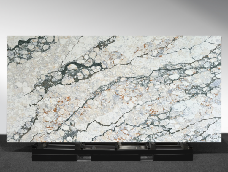 AC1022 Gloss Empira Verde AC Stone slab with deep green tones and elegant veining, book match design | AUSKstone