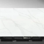 Escala Vadara® Quartz engineered stone slab with white base and bold taupe and blue veining