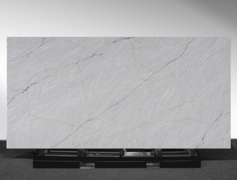 AC9005 Gloss Eternal Silver AC Stone slab with silver and grey tones, polished finish and book match design | AUSKstone