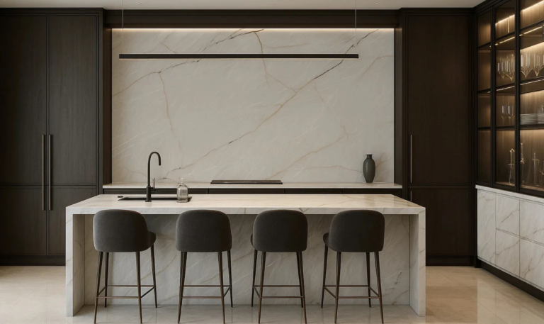 AC9005 Gloss Eternal Silver AC Stone slab with silver and grey tones, polished finish and book match design | AUSKstone
