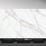 Golden Scribe Vadara® Quartz engineered stone slab with bright white background and tan and blue-grey veining