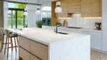 Bathroom vanity with Gossamer Sands engineered stone showing subtle warm veining