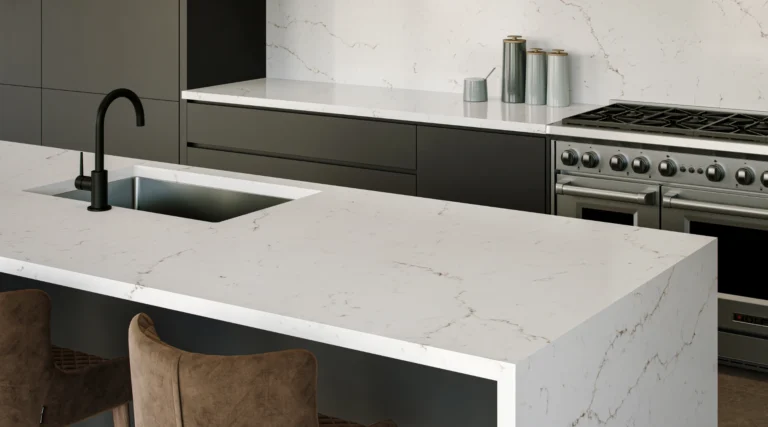 Modern kitchen benchtop featuring Kazakh Ribbon Vadara® Quartz by AUSKstone