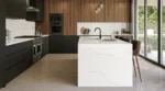 Bathroom vanity with Kazakh Ribbon quartz surface in light and medium grey tones