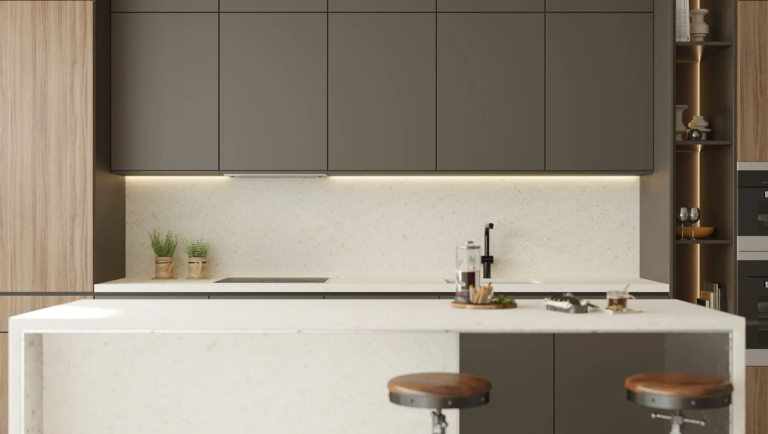 Warm beige engineered stone benchtop Vicostone Kennon 1900 mountain-inspired design