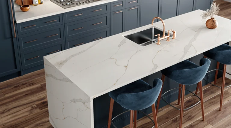 Lakestone Vadara® Quartz engineered stone slab with bright white background and grey rust veining