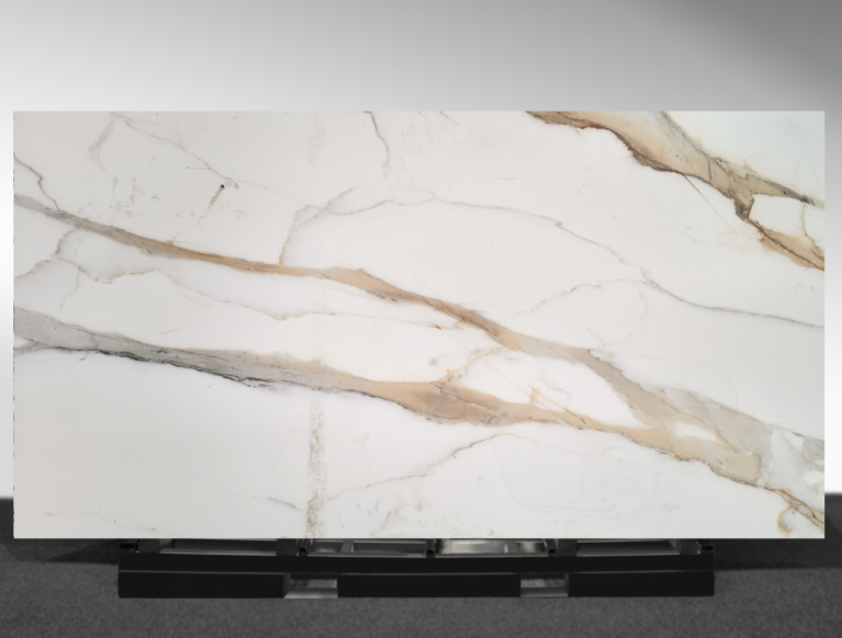 Marvel Gold sintered stone slab with white base and dramatic gold and grey marble veining AUSKstone Australia