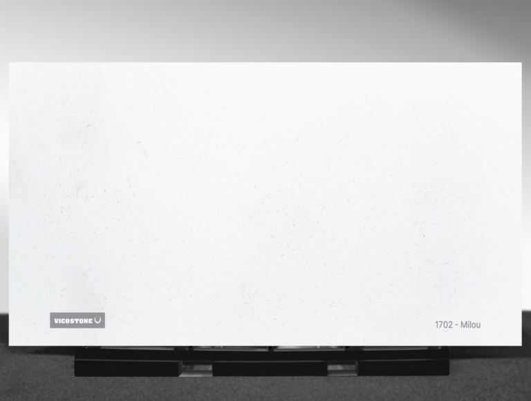 Vicostone Milou 1702 quartz slab white surface with fine gold veining texture