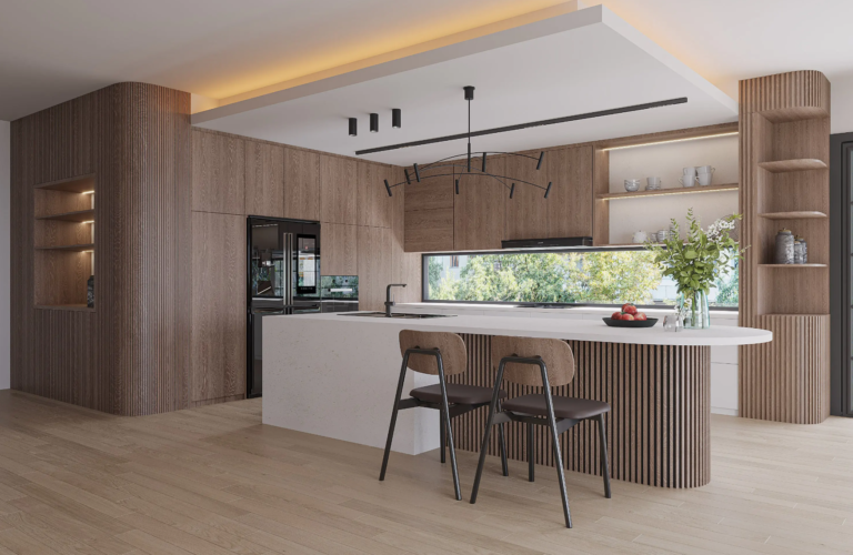 White engineered stone benchtop Vicostone Milou 1702 subtle gold veins design