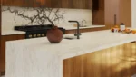 Bathroom vanity with Nomad Valley engineered quartz showing organic earthy veining