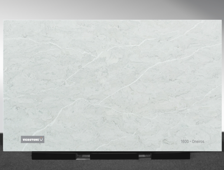 Vicostone Oneiros 1600 quartz slab off-white surface with warm gray transitions close-up
